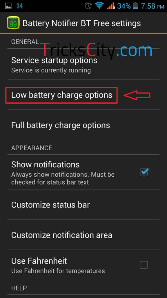 set low battery notification ringtone in android