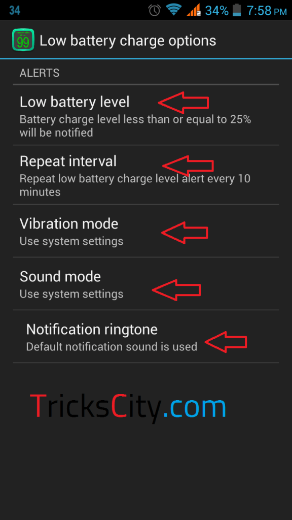 set low battery notification ringtone in android